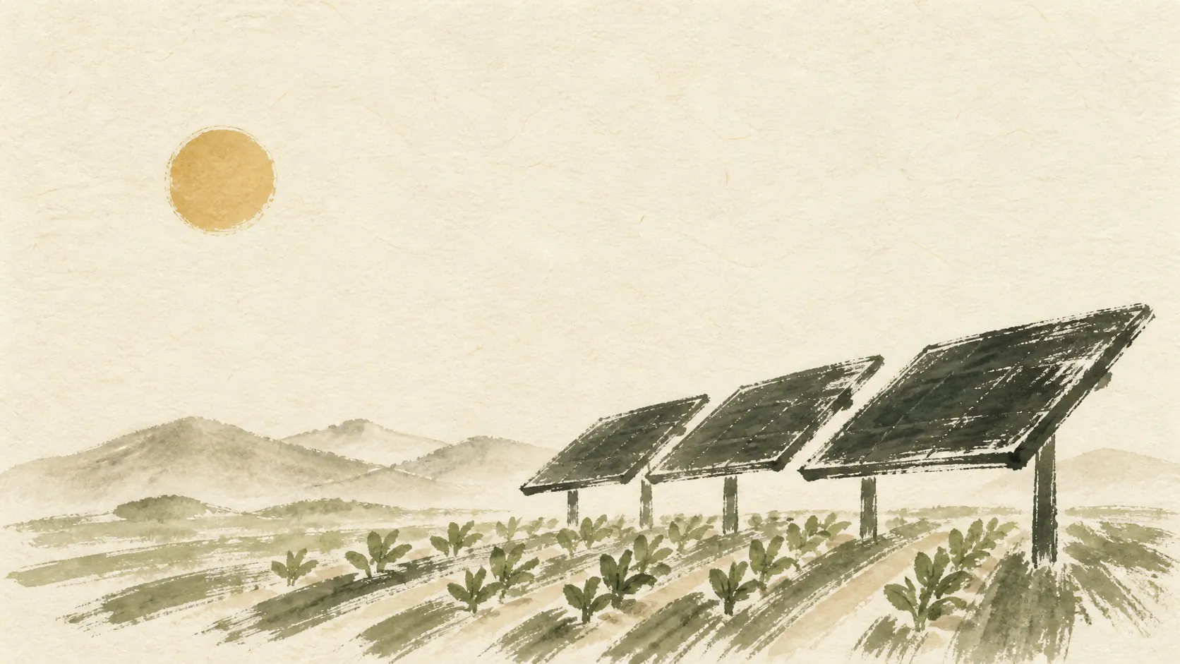 Ilustración en acuarela de cultivos bajo paneles solares elevados en un paisaje rural.