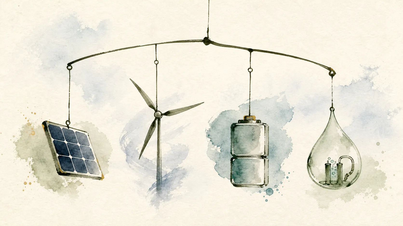 Ilustración acuarelada de un móvil con tecnología solar, eólica, baterías e hidrógeno verde.