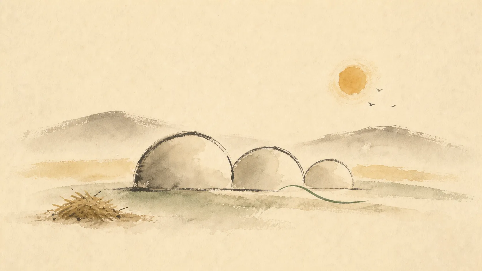 Ilustración en acuarela de una planta de biometano entre campos y colinas