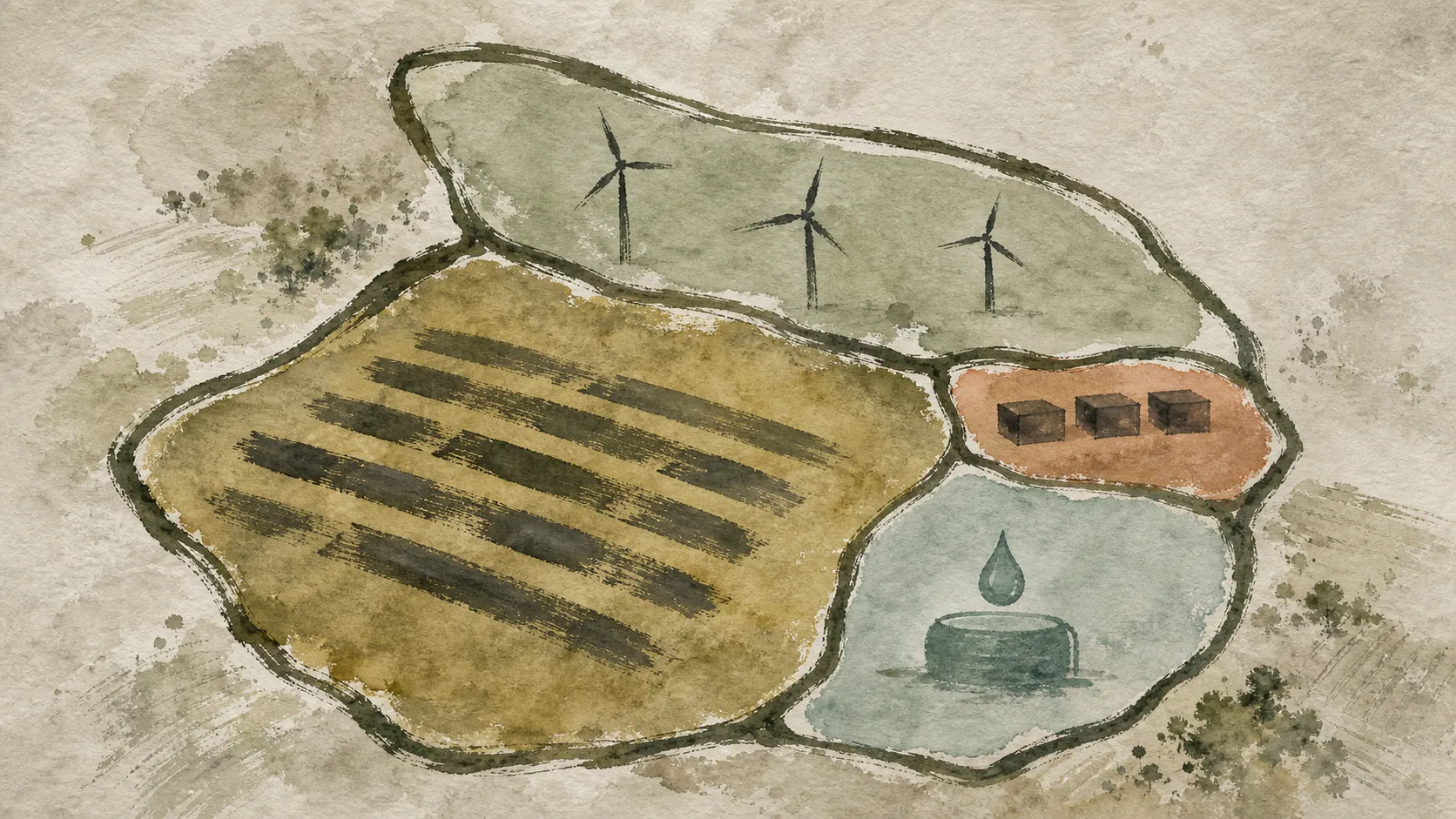 Ilustración acuarelada de cuatro parcelas rurales destinadas a energía solar, eólica, almacenamiento e hidrógeno.