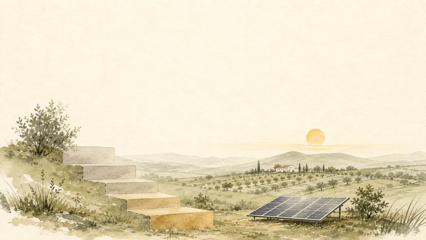 Ilustración en acuarela de escalones descendentes hacia una instalación solar en un paisaje rural.