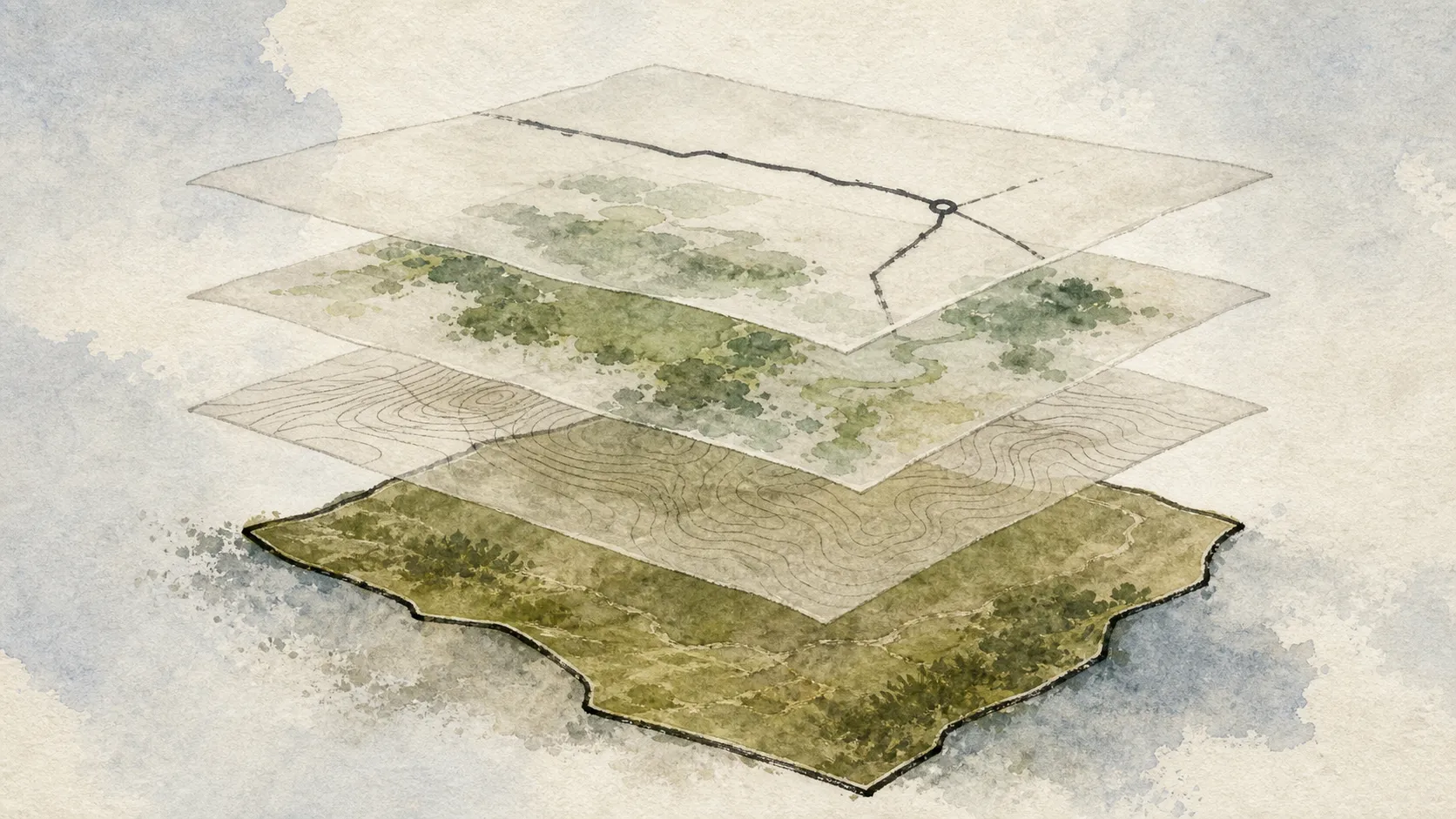 Ilustración acuarelada de una parcela con capas de topografía, ambiente e infraestructura para su evaluación.
