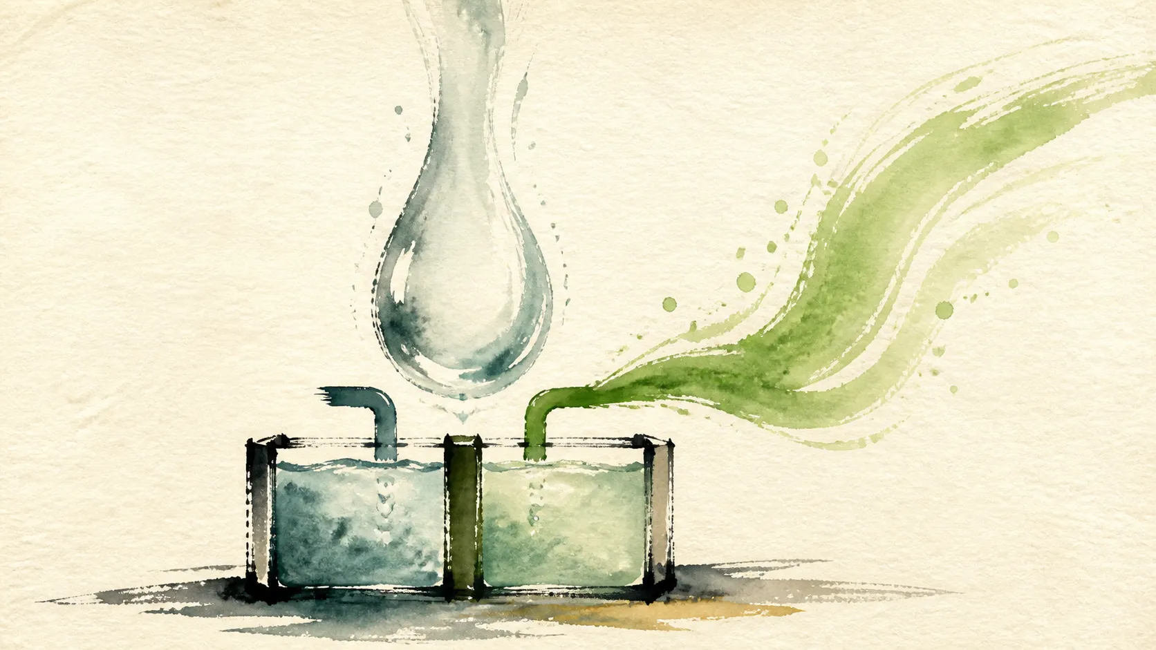 Ilustración en acuarela de agua entrando en un electrolizador y un flujo verde de hidrógeno saliente.
