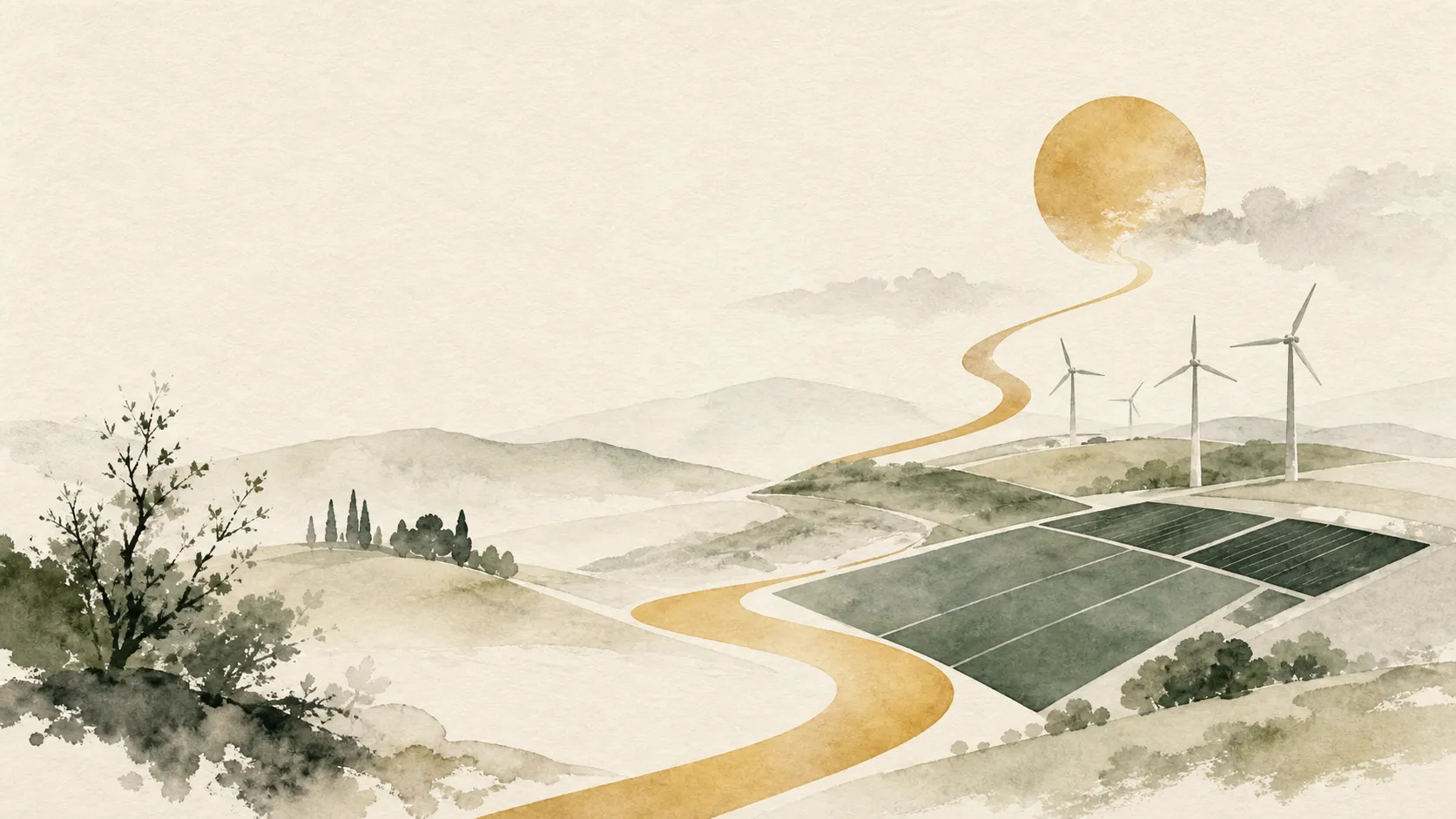 Ilustración en acuarela de paisaje renovable con aerogeneradores, paneles solares y un camino ascendente.