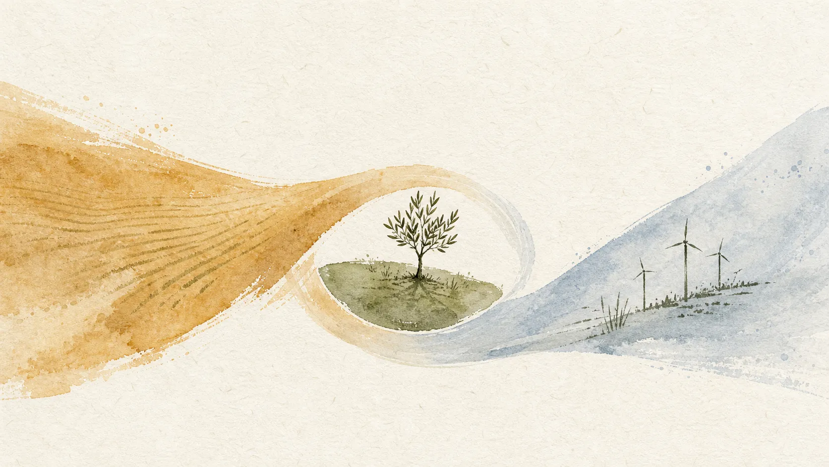 Ilustración acuarelada de dos trazos que unen un campo cultivado y la energía renovable alrededor de una parcela con un olivo.