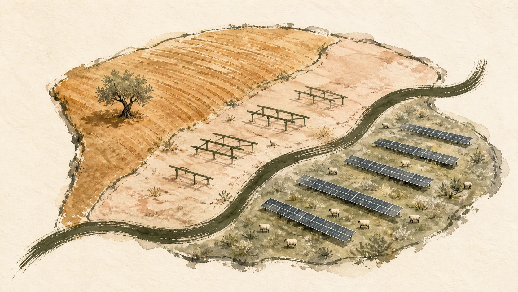 Ilustración acuarelada de un terreno rústico que evoluciona de cultivo a una instalación solar con pastoreo.