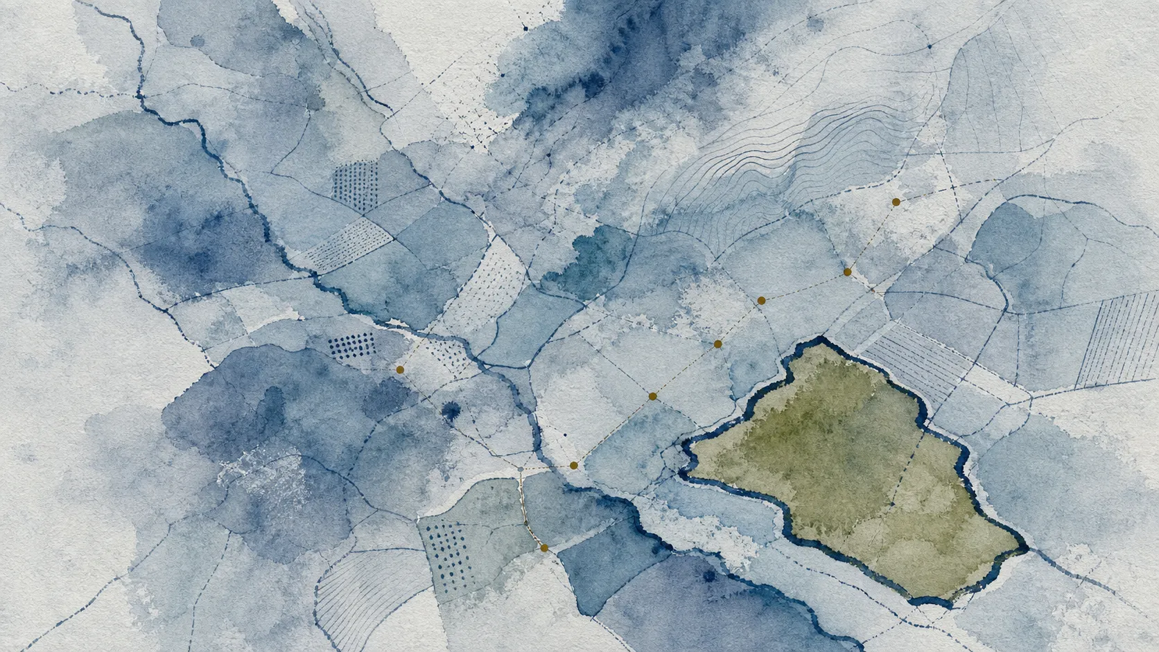 Ilustración acuarelada de capas territoriales azules con una parcela candidata destacada en verde.