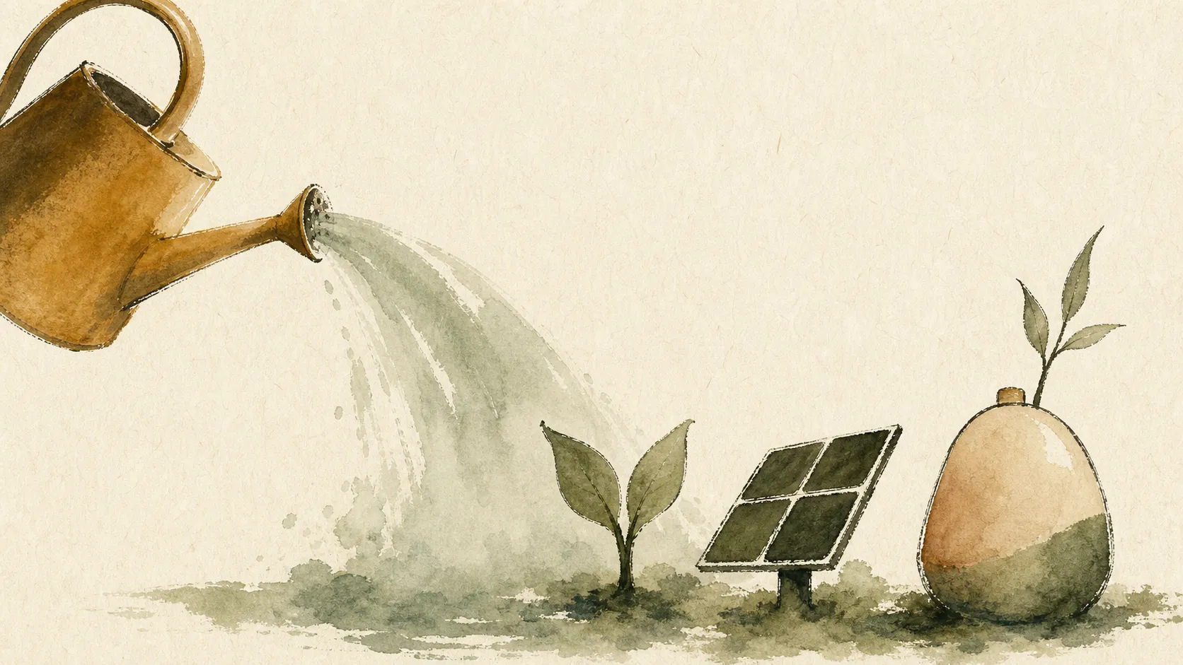 Ilustración en acuarela de apoyo a proyectos renovables mediante una regadera, una planta y tecnologías limpias.