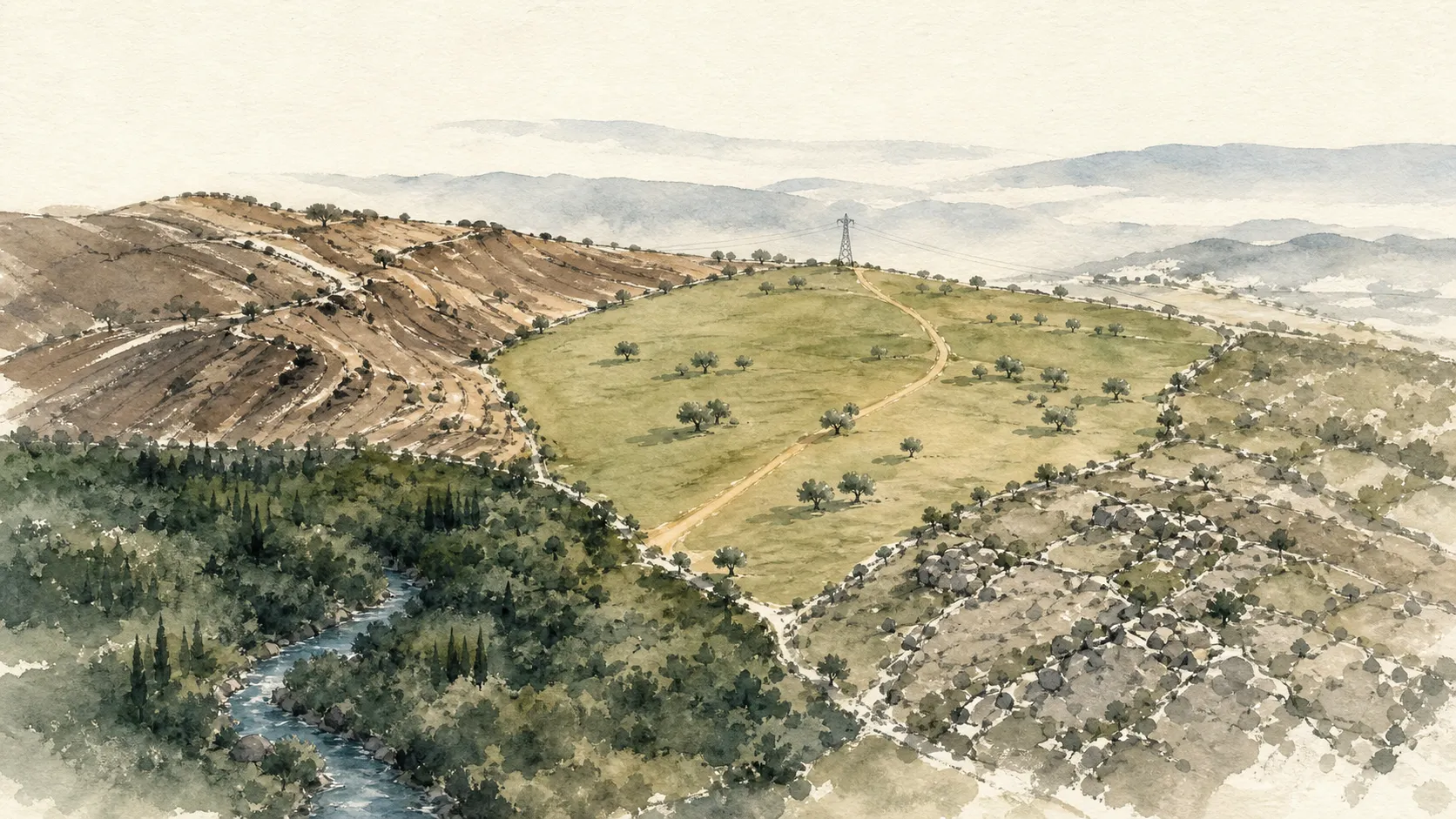 Ilustración acuarelada de varias parcelas rurales, con una parcela apta próxima a la red entre distintos condicionantes territoriales.