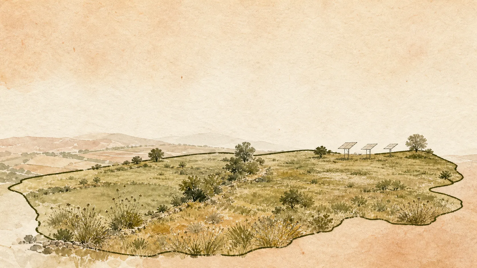Ilustración en acuarela de una parcela rústica conservada con pequeñas estructuras solares ligeras.