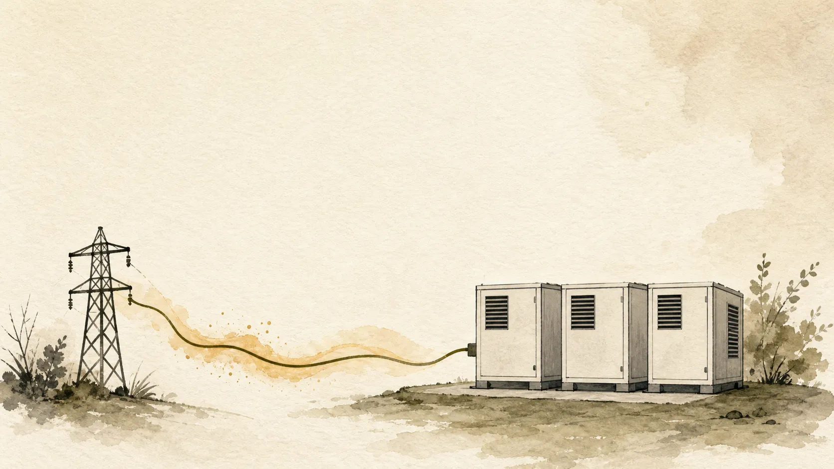 Ilustración acuarelada de módulos de almacenamiento energético conectados a la red eléctrica.